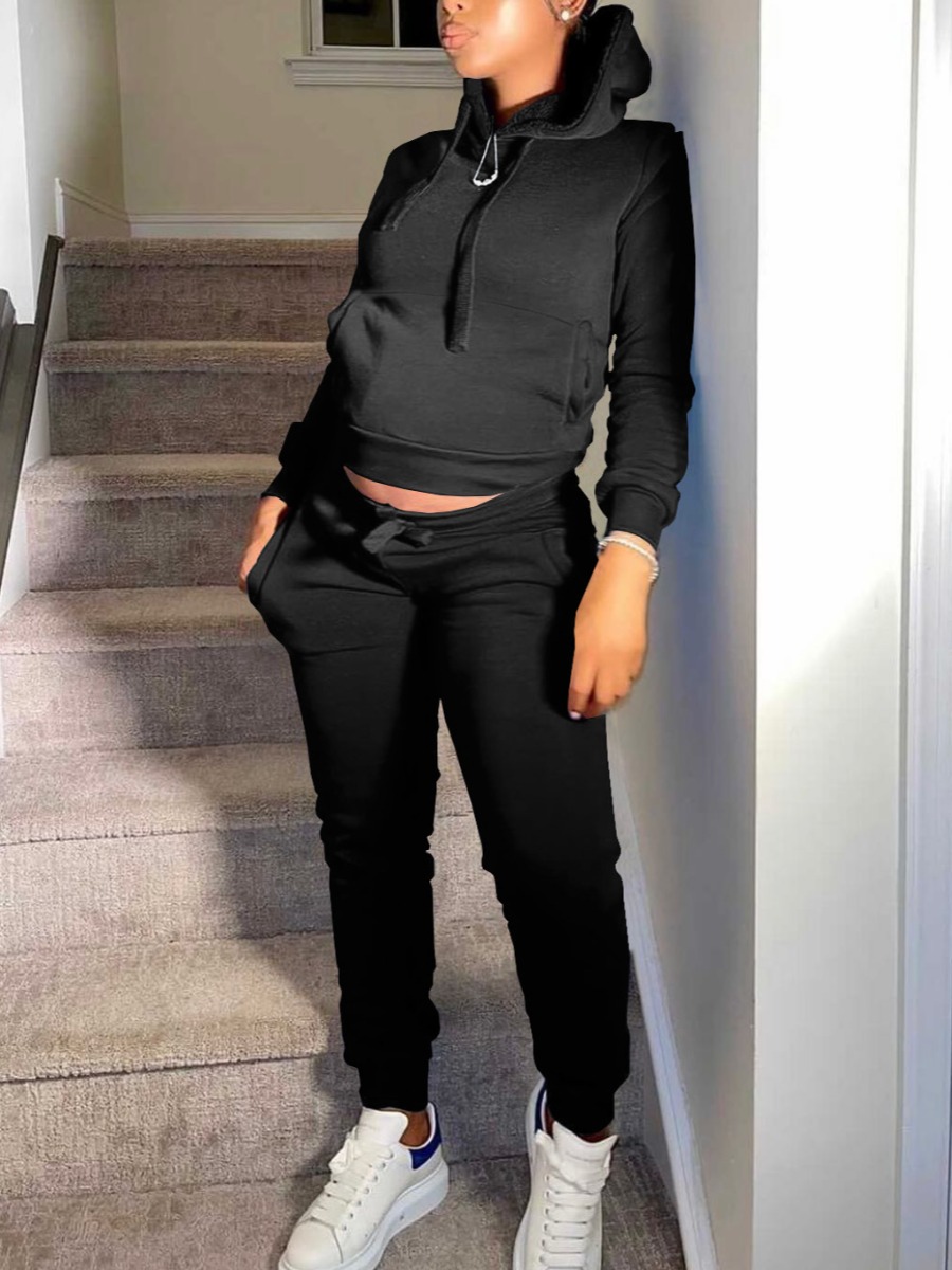 

LW BASICS Hooded Collar Kangaroo Pocket Tracksuit Set, Black