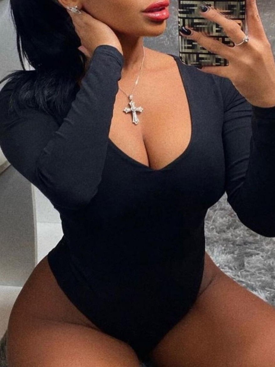 

LW Plus Size U Neck Skinny One-piece Swimsuit, Black