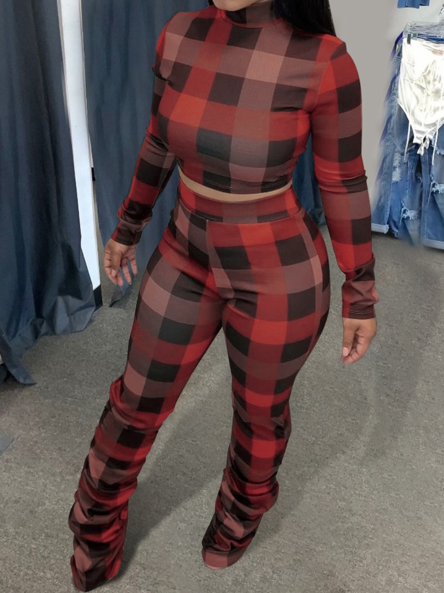 

LW Plaid Print Stacked Pants Set, Wine red