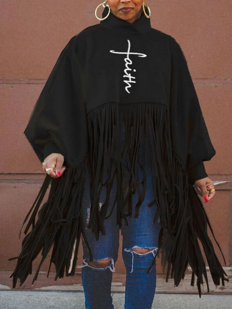 

LW Faith Turtle Neck Letter Print Tassel Sweatshirt, Black