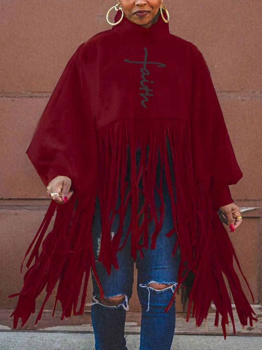 

LW Faith Turtle Neck Letter Print Tassel Sweatshirt, Wine red