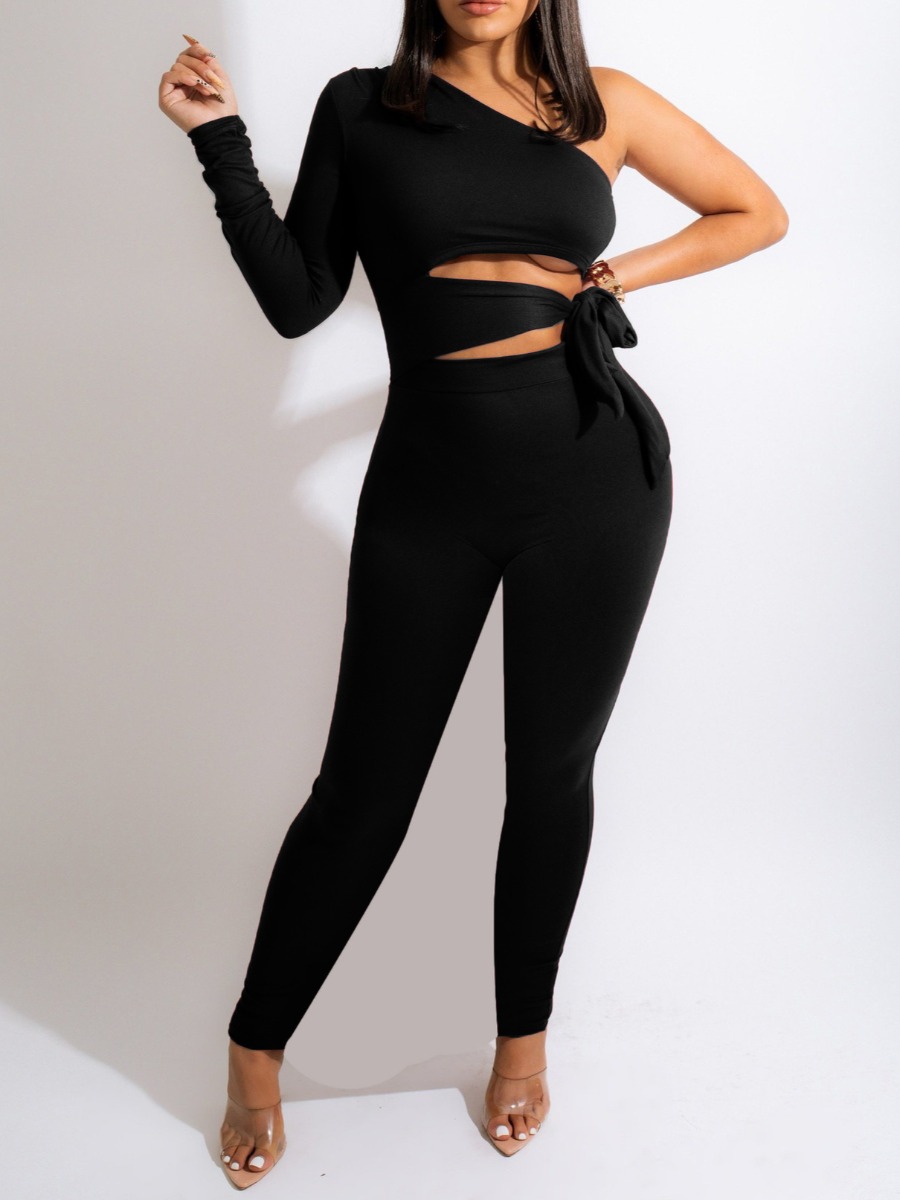 

LW SXY Bandage Hollow-out Design Pants Set, Black