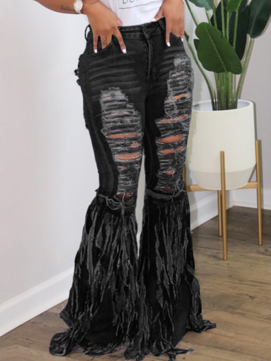 

LW Tassel Design Ripped Flared Jeans, Black