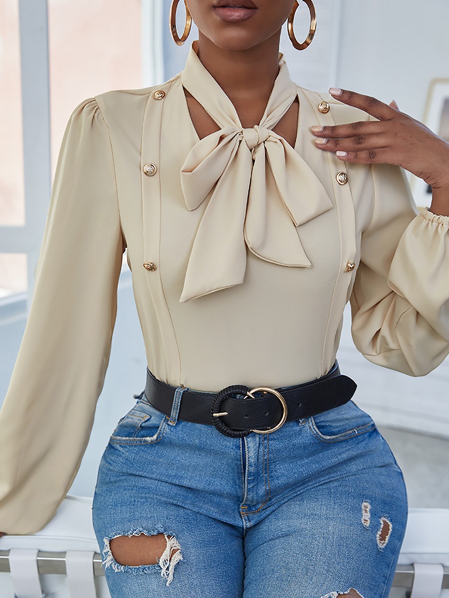 

LW Button Bow-tie Decor Blouse, Apricot