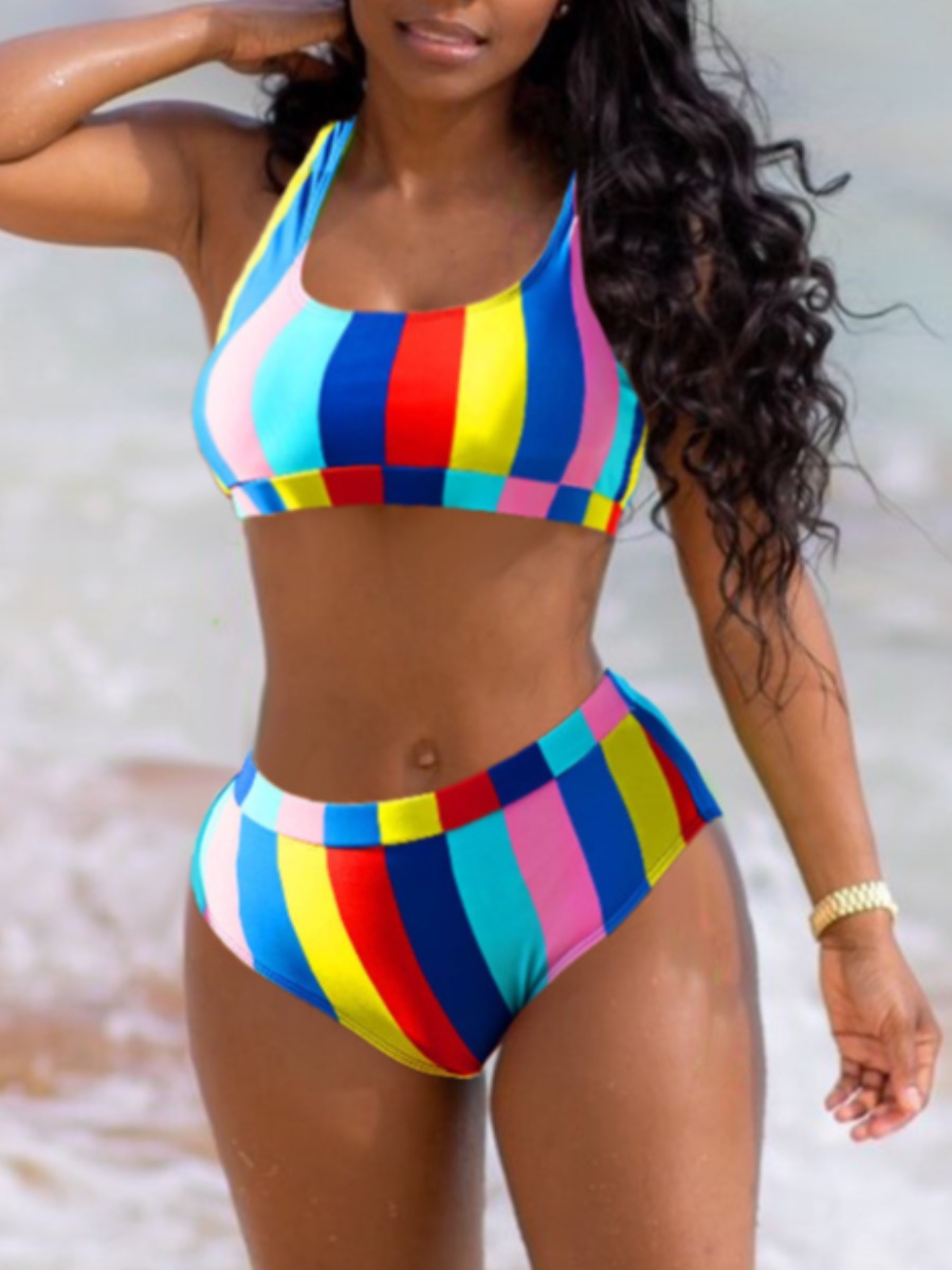 

LW Round Neck Striped Print Multicolor Tankini, Multicolor mstn