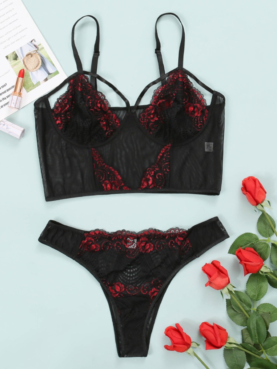 

LW SXY Plus Size Lace See-through Bra Set, Black