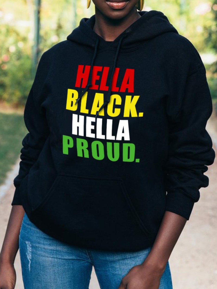 

LW Letter Print Kangaroo Pocket Hoodie, Black
