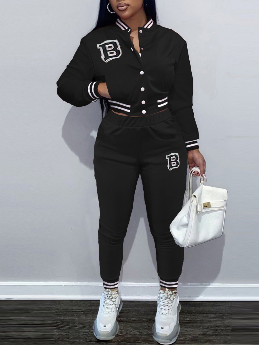

LW Letter Decor Striped Tracksuit Set, Black