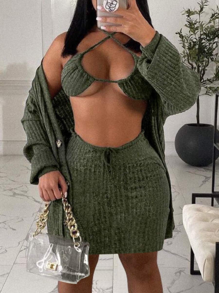 

LW Drawstring Button Design Three Piece Skirt Set, Green