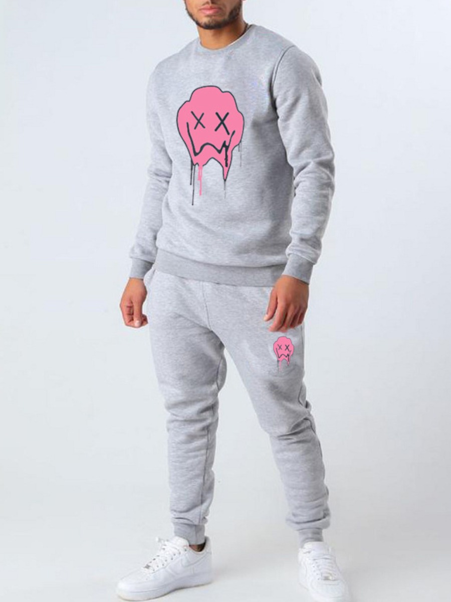 

LW COTTON Men Unhappy Print Oversized Tracksuit Set, Grey