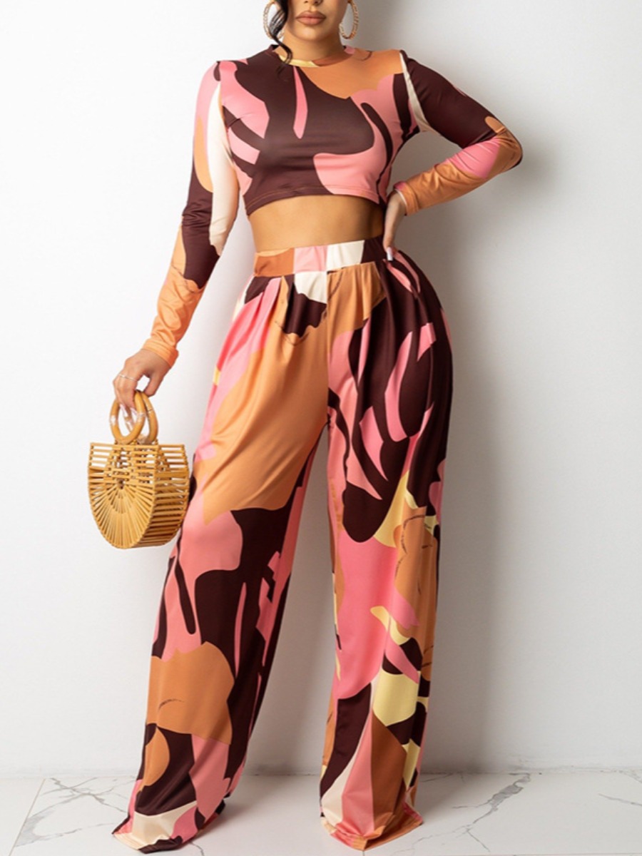 

LW Mixed Print Wide Leg Pants Set, Pink