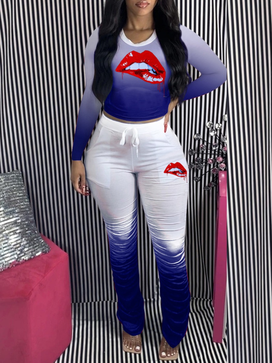 

LW Gradient Lip Print Ruched Pants Set, Blue