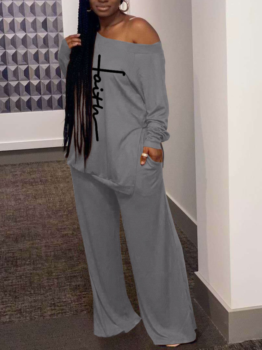 

LW Faith Letter Print Wide Leg Pants Set, Grey