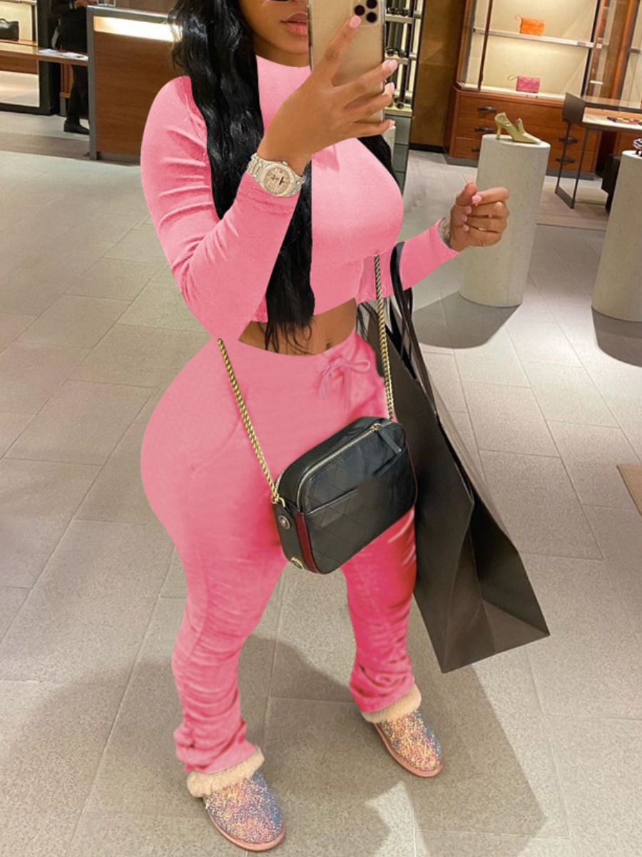 LW Round Neck Pocket Design Ruched Pants Set