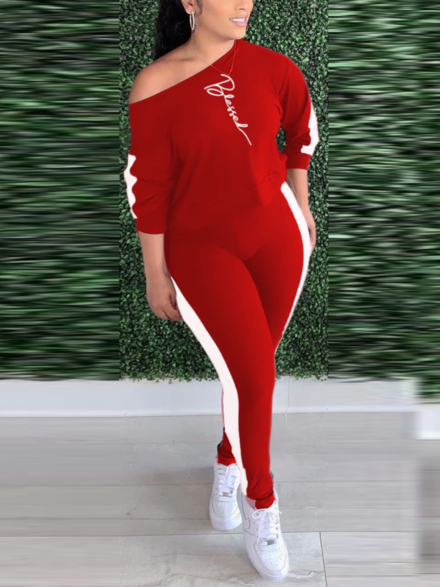 

LW Letter Print Striped Pants Set, Red