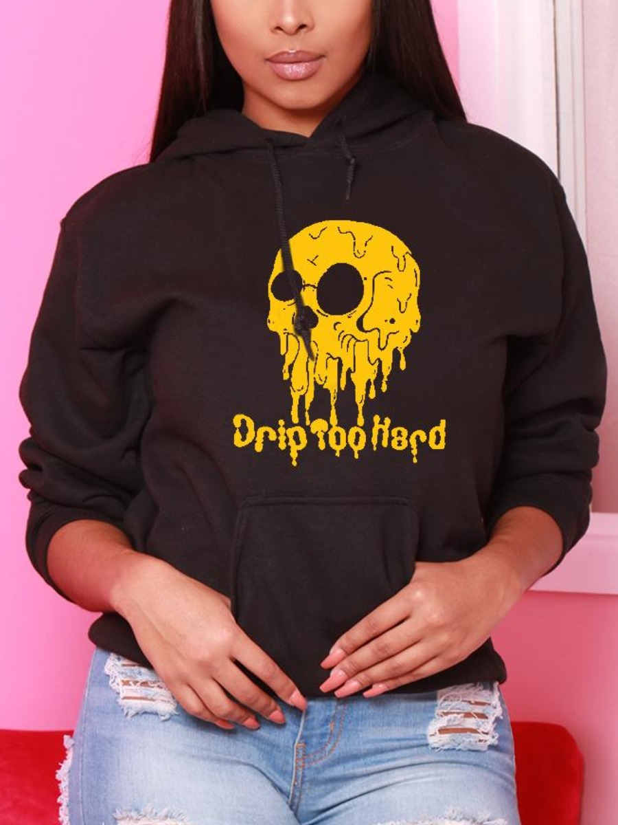 

LW Figure Letter Print Kangaroo Pocket Drawstring Hoodie, Black