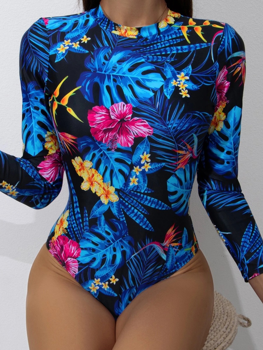 

LW Round Neck Floral Print One-piece Swimsuit, Blue