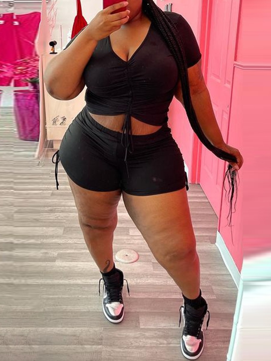 

LW Plus Size V Neck Drawstring Shorts Set, Black