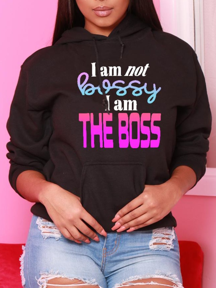

LW Letter Print Kangaroo Pocket Hoodie, Black
