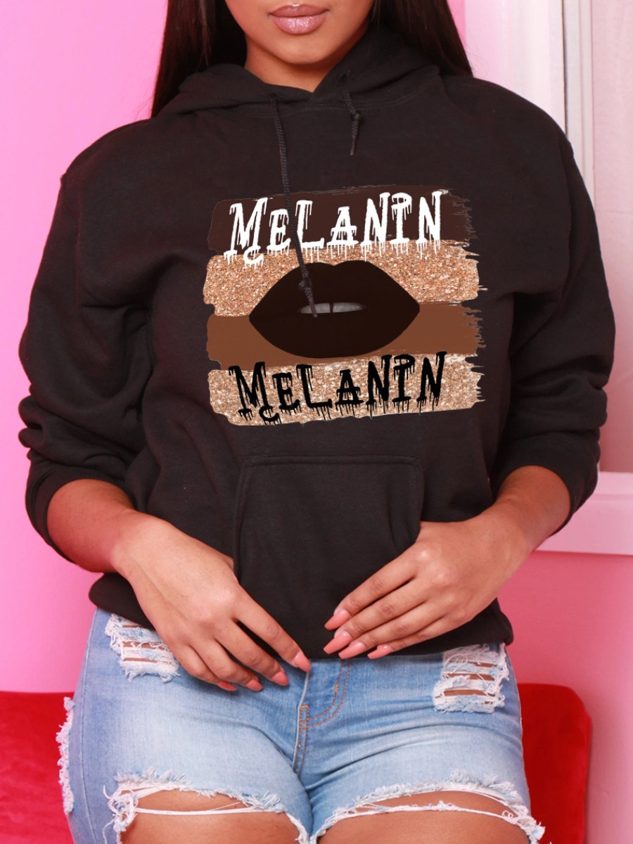 

LW Plus Size Lip Letter Print Hoodie, Black