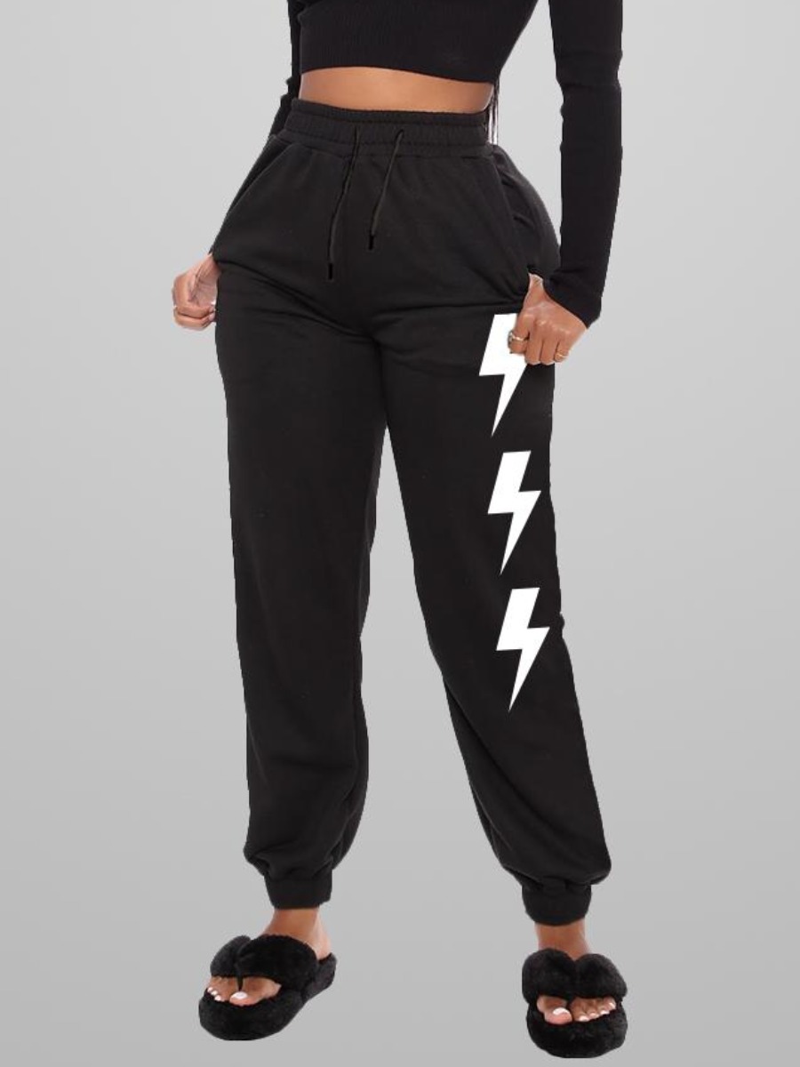 

LW Mid Waist Print Drawstring Sweatpants, Black