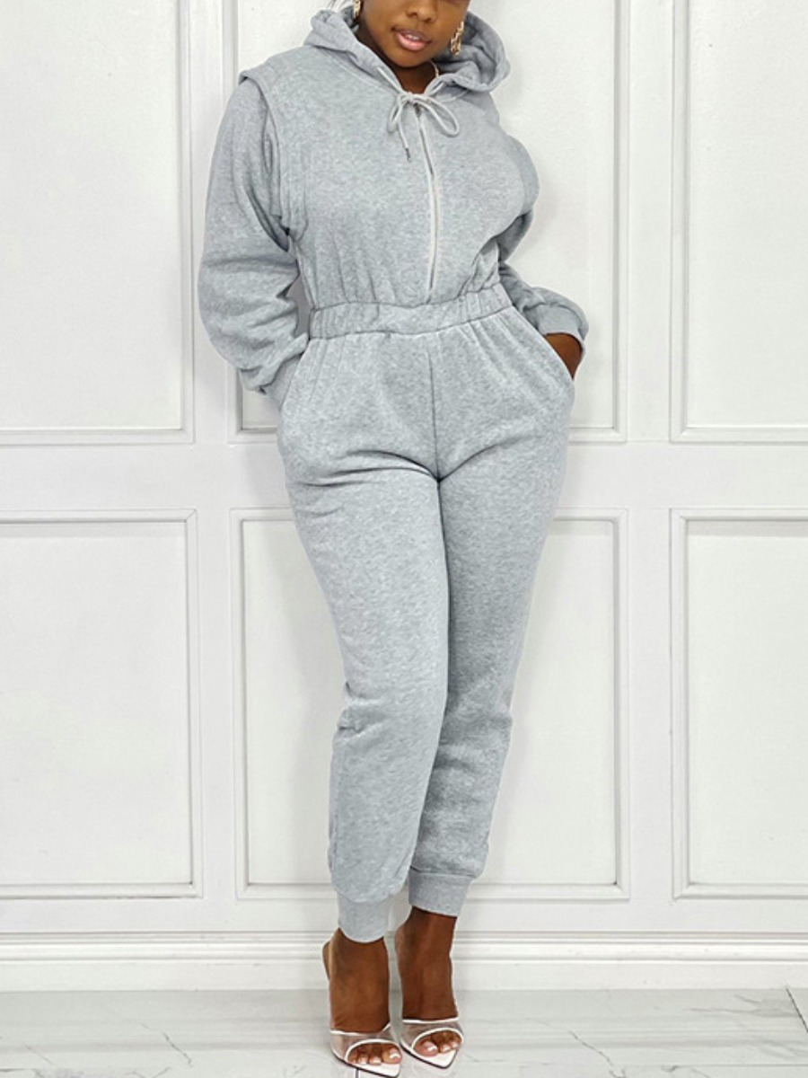 

LW Hooded Zipper Pocket Drawstring Jumpsuit, Grey