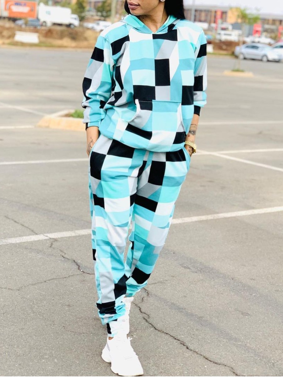 

LW Plaid Print Kangaroo Pocket Tracksuit Set, Black