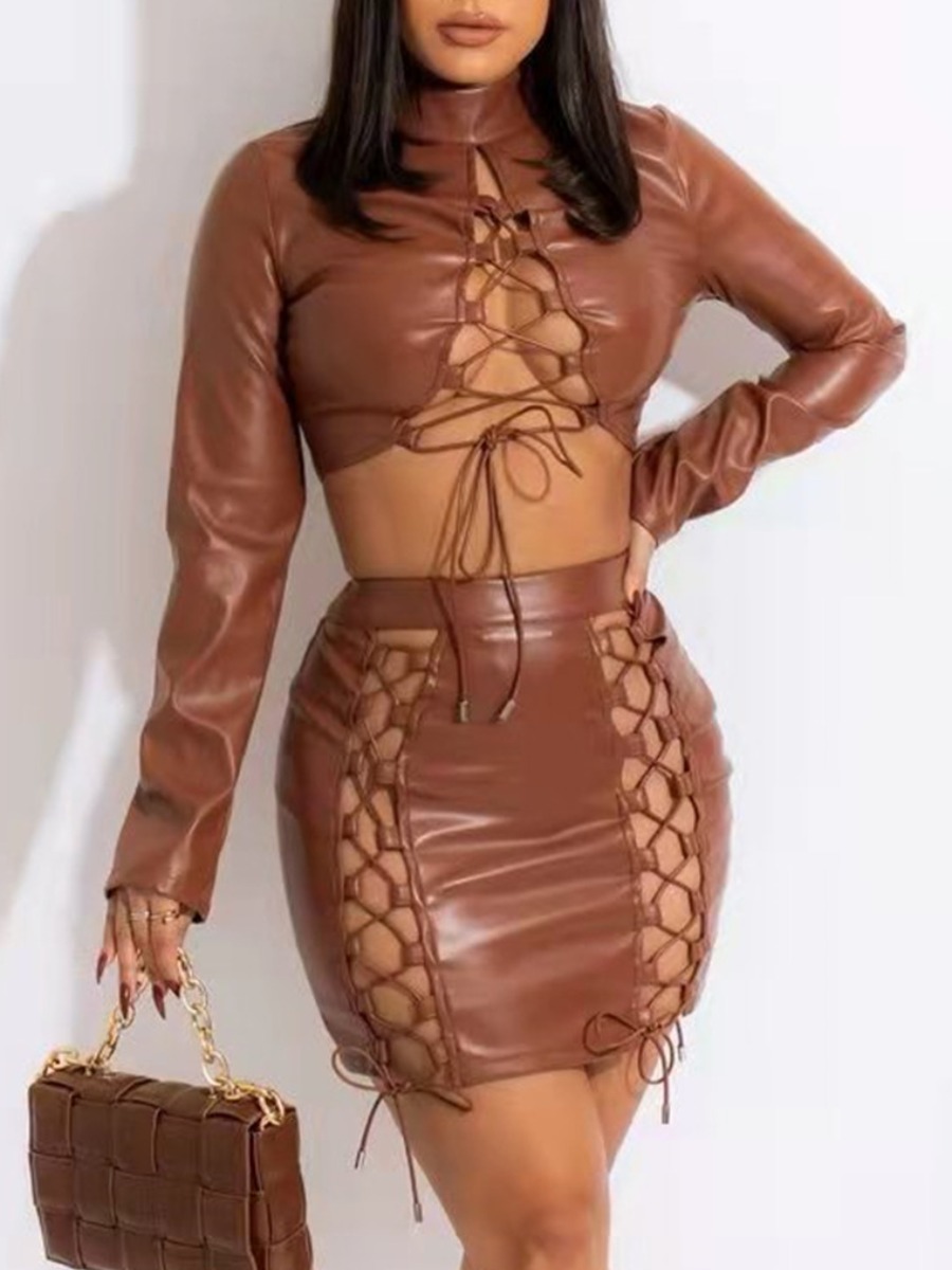 

LW SXY Leather Bandage Hollow-out Design Skirt Set, Brown