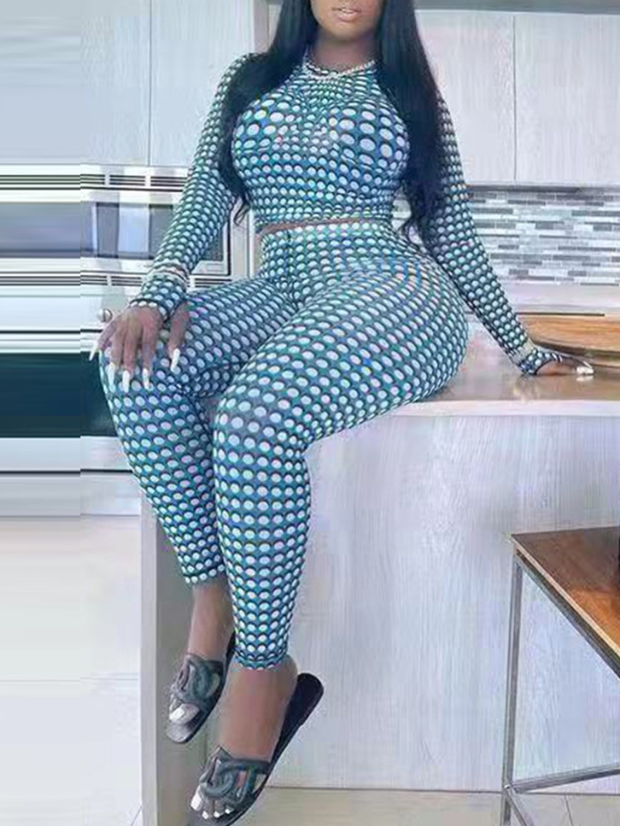 

LW Plus Size Round Neck Geometric Print Pants Set, Baby blue