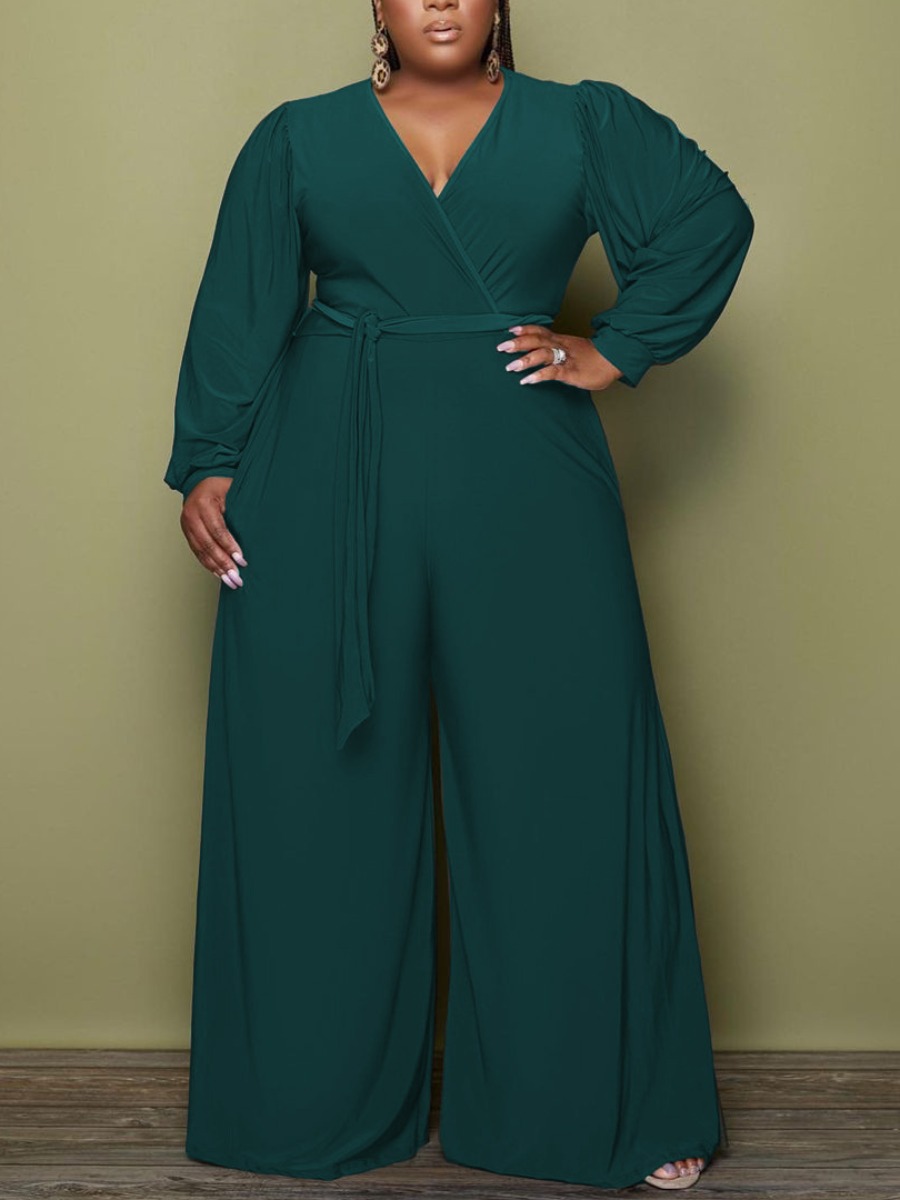 

LW Plus Size Bandage Design Wide Leg Jumpsuit, Dark green