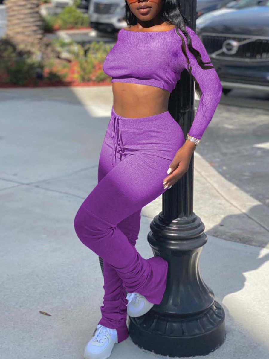 

LW Crop Top Drawstring Stacked Pants Set, Purple