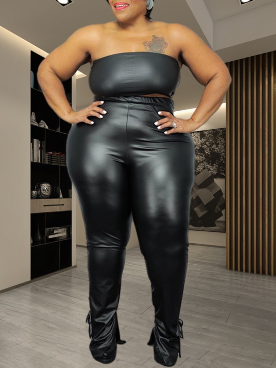 

LW SXY Plus Size Leather Off The Shoulder Pants Set, Black