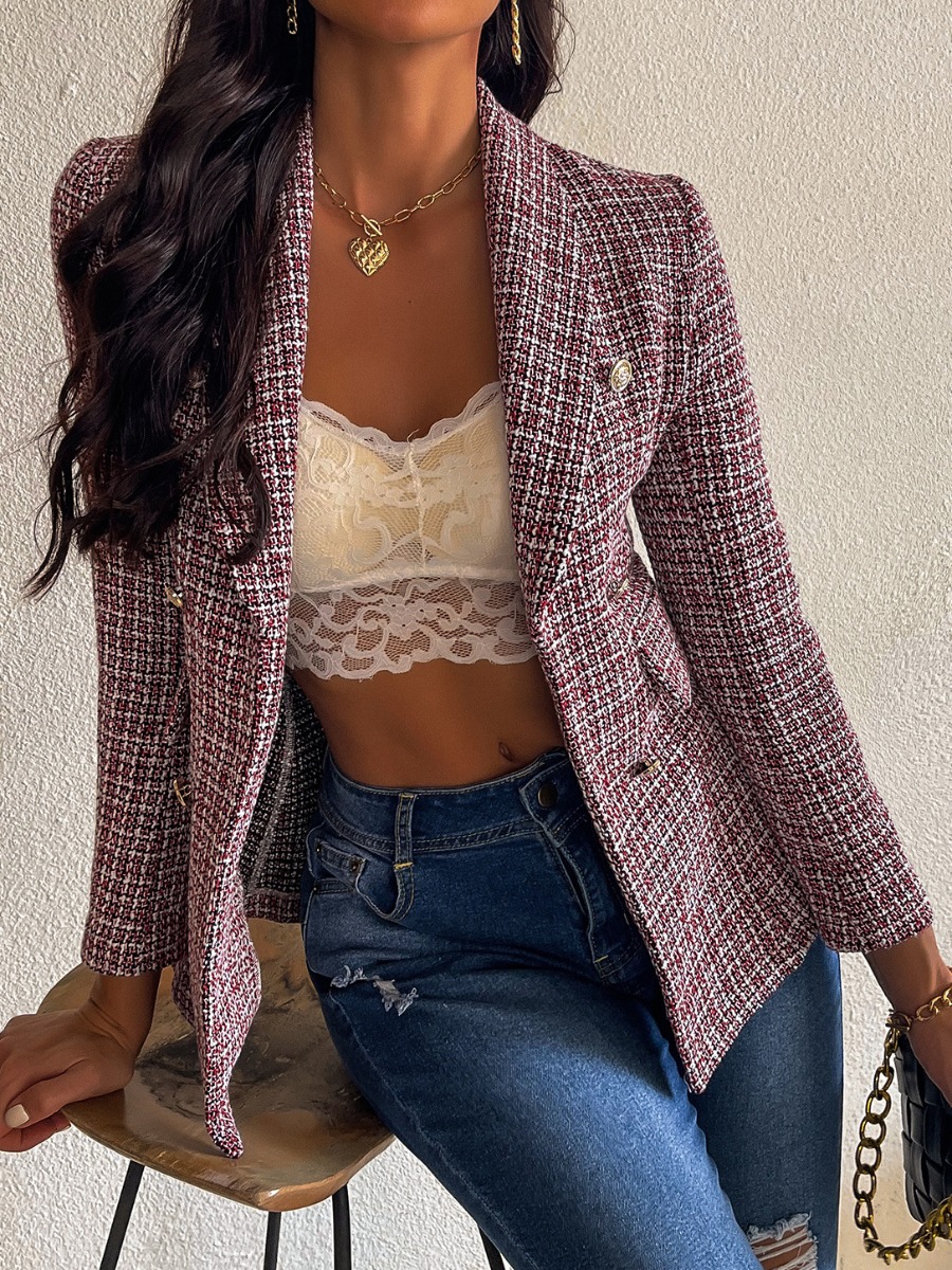 

LW Plaid Pattern Button Design Blazer, Wine red
