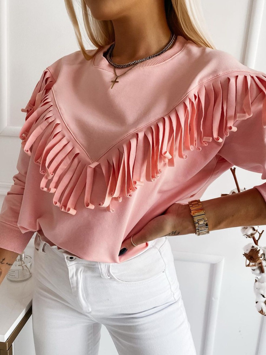 

LW Round Neck Tassel Design Sweatshirt, Pink