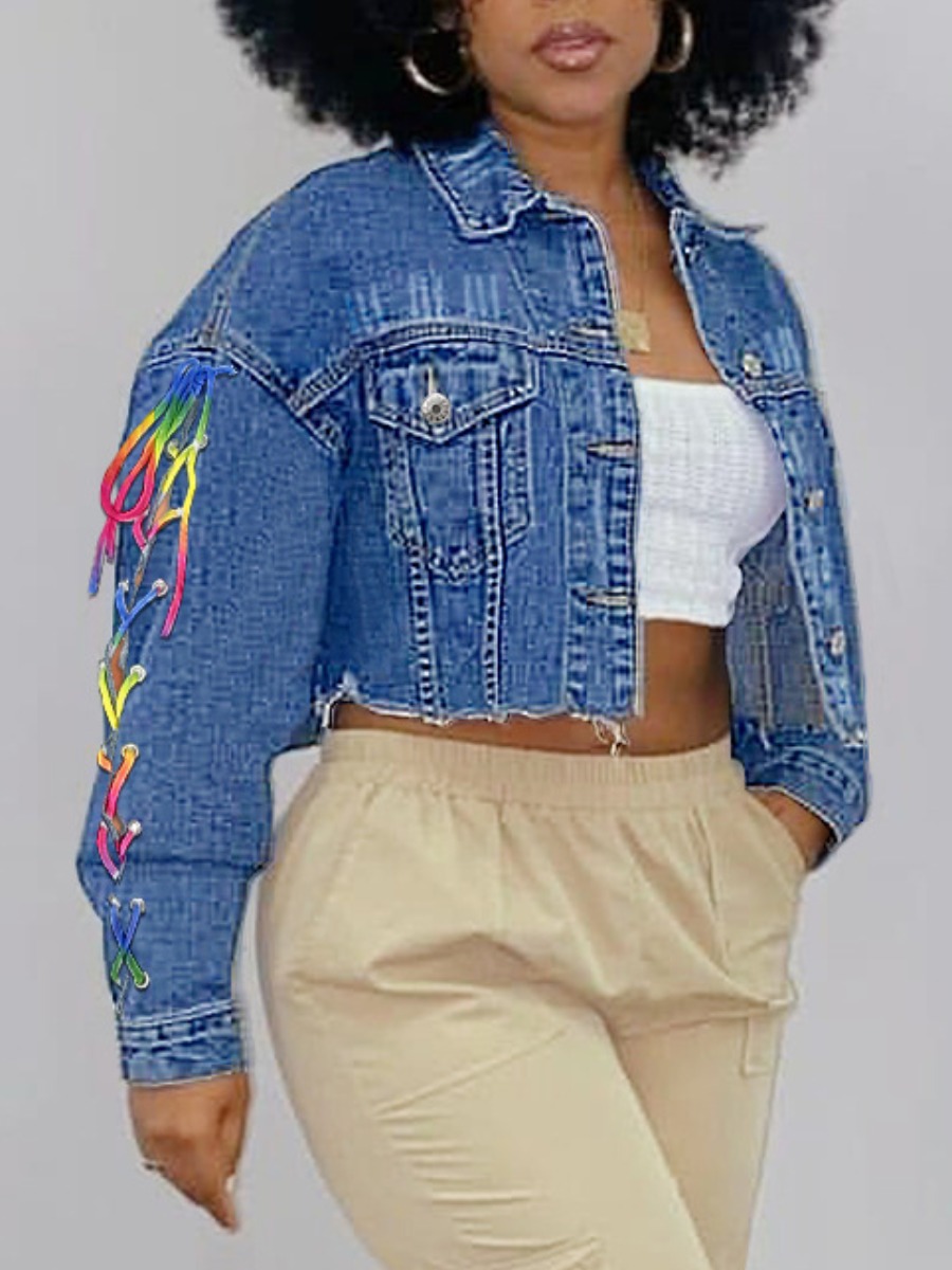 

LW Turndown Collar Lace-up Denim Jacket, Deep blue
