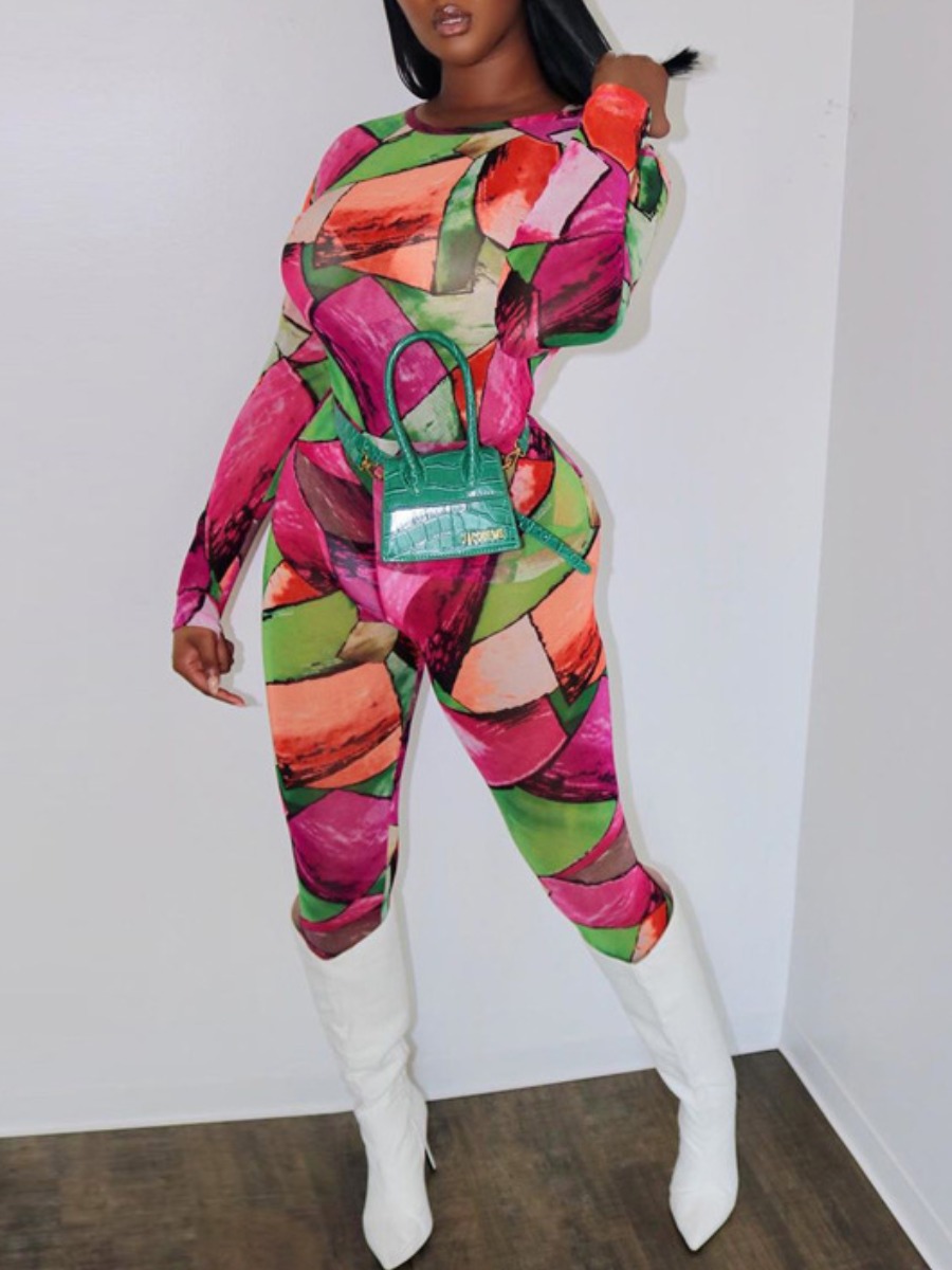 

LW Geometric Print Patchwork Pants Set, Rose red
