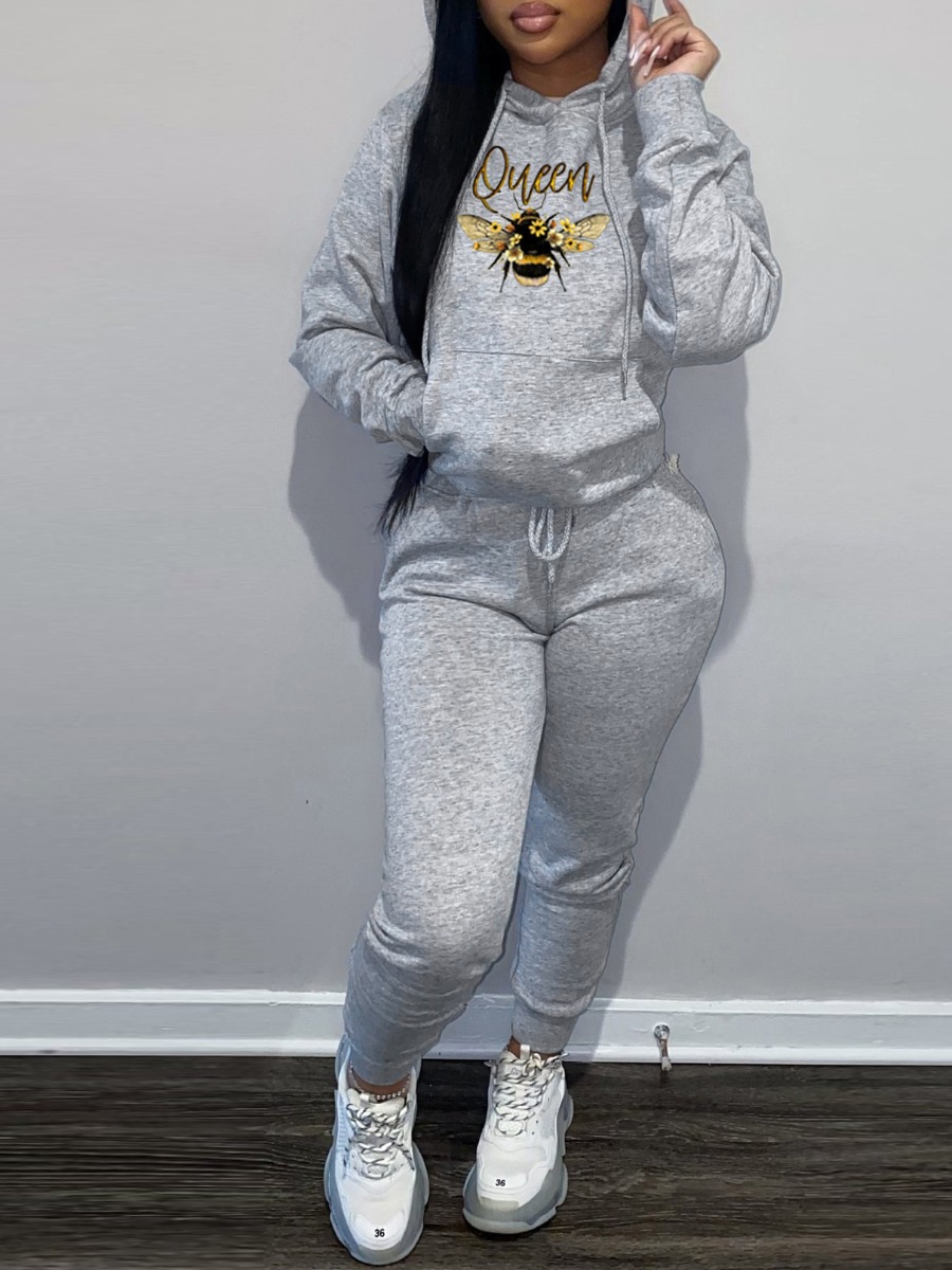 

LW Bee Letter Print Drawstring Tracksuit Set, Grey