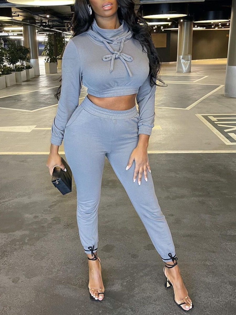 

LW Turtleneck Crop Top Pants Set, Grey