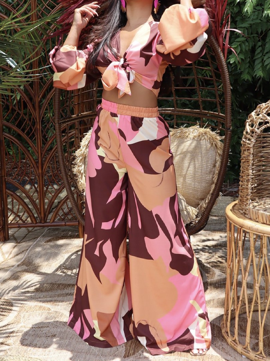 

LW Camo Print Wide Leg Pants Set, Pink