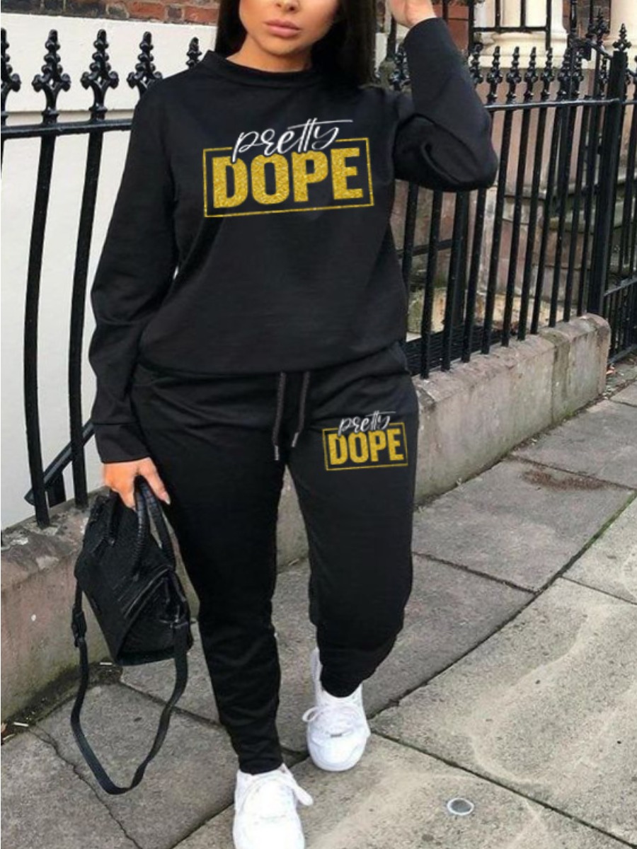 

LW Plus Size Letter Print Drawstring Tracksuit Set, Black