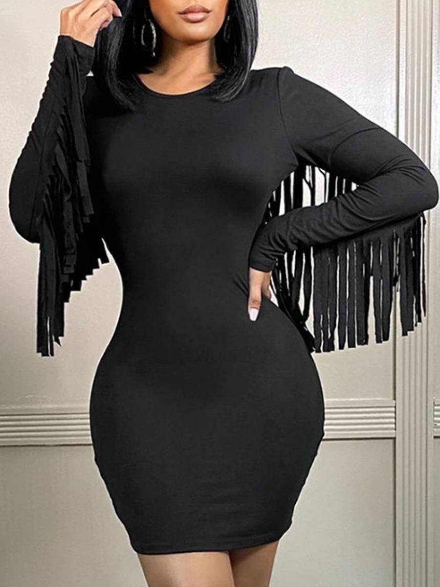 

LW Round Neck Tassel Design Bodycon Dress, Black