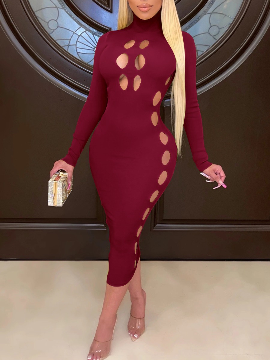 

LW SXY Turtleneck Ripped Bodycon Dress, Wine red