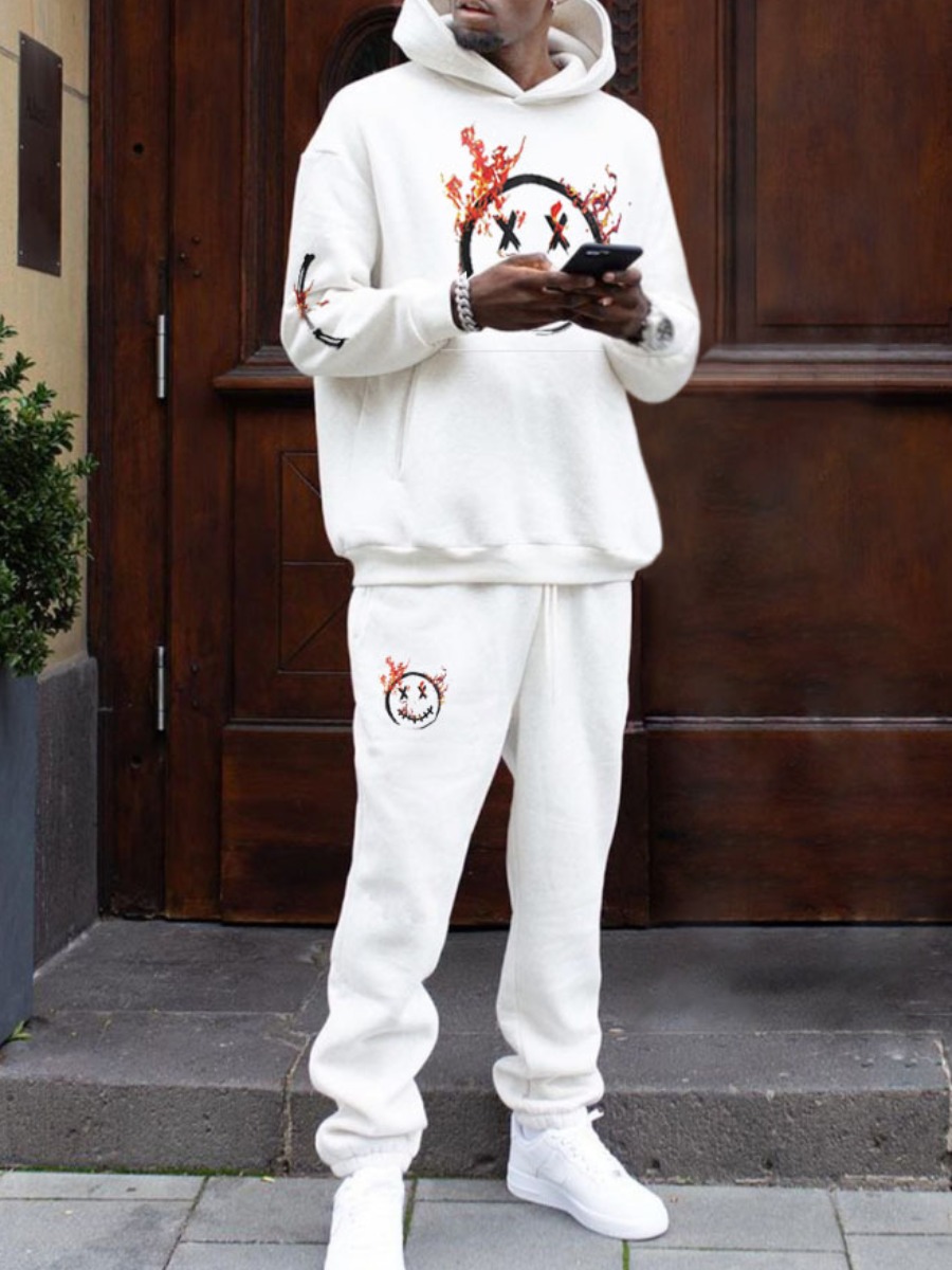 

LW COTTON Men Flame Kangaroo Pocket Tracksuit Set, White