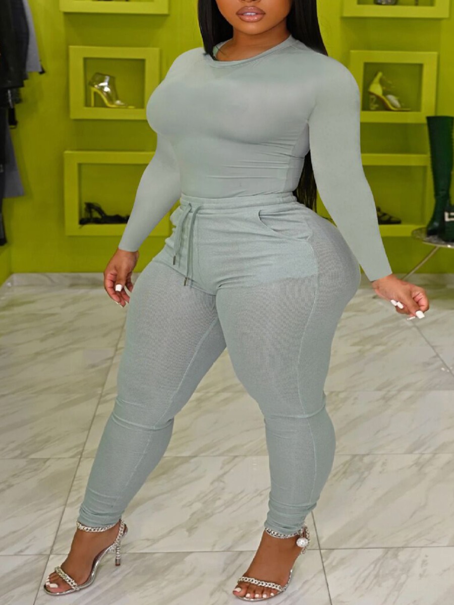 

LW SXY Plus Size Round Neck Drawstring Pants Set, Grey