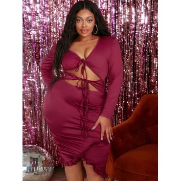 

LW SXY Plus Size Ruffle Hem High Low Bodycon Dress, Wine red
