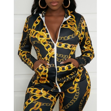 

LW Chain Print Zipper Design Pants Set, Black