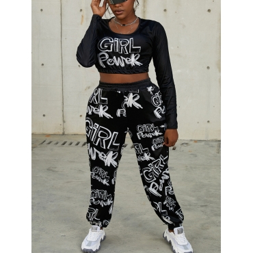 

LW U Neck Letter Print Pants Set, Black