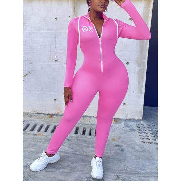 

LW Zipper Design Letter Skinny Jumpsuit, Pink