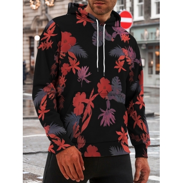 

LW Men Floral Print Patchwork Hoodie, Black