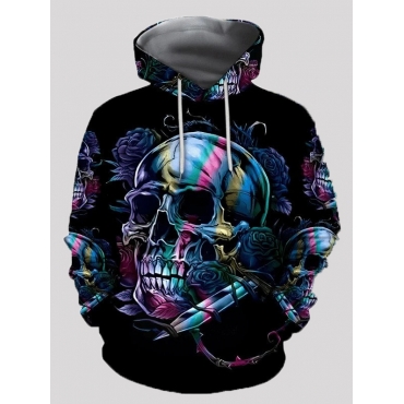 

LW Men Skull Head Print Patchwork Hoodie, Black